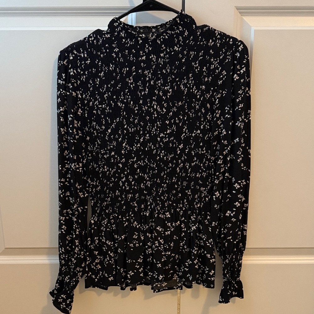 Vici Black Floral Smocked Mock-Neck Blouse